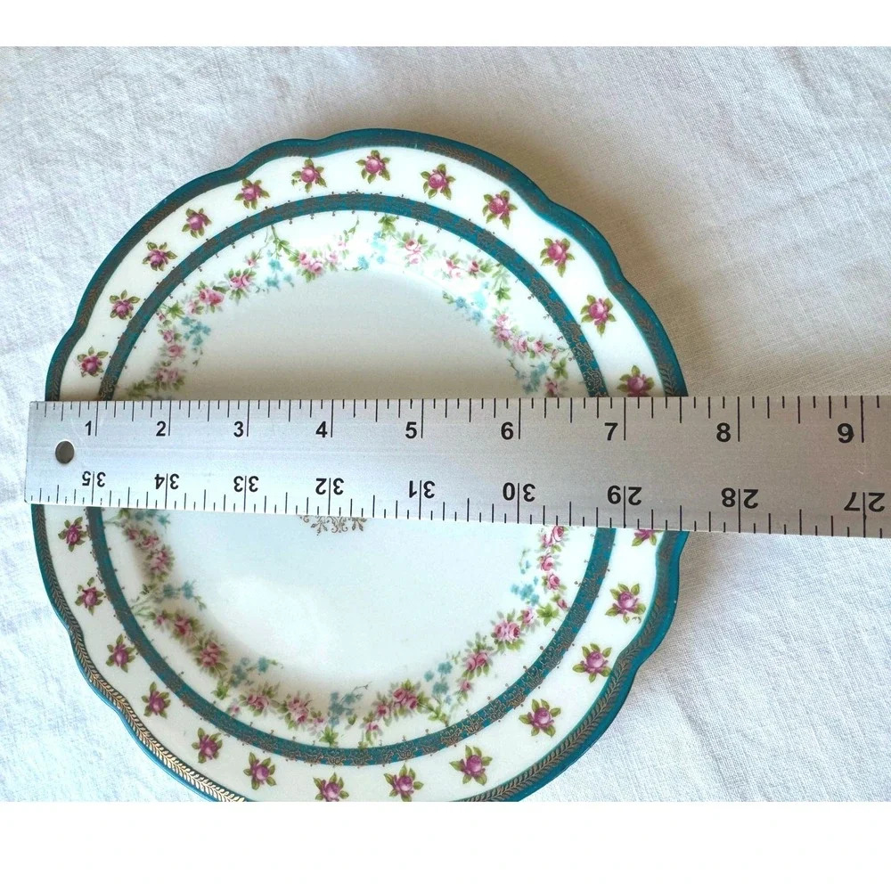 Antique Austria Porcelain Salad Plate Pink Rose Teal Gold Filigree Scalloped